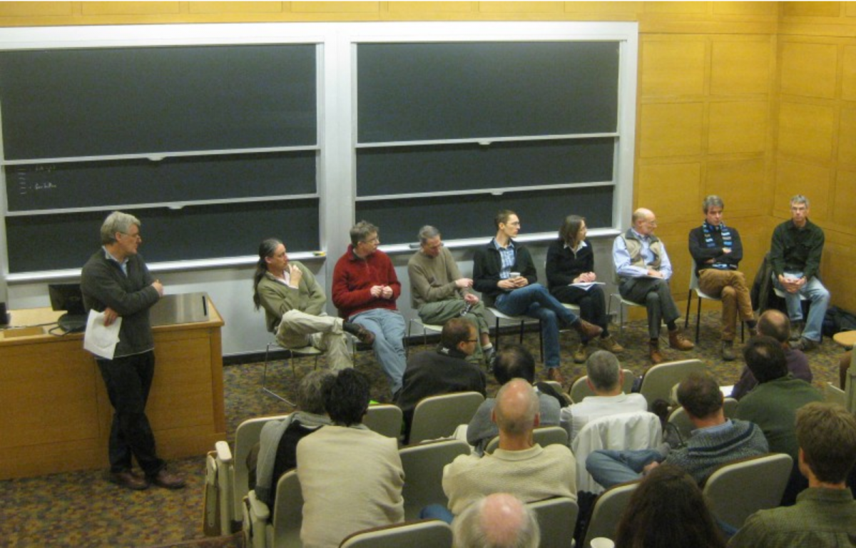 Group discussion commences. (seated, from left to right) Kurt Polzin (WHOI), George Nurser (Southampton), Jim Ledwell (WHOI), Ross Tulloch (MIT), Teresa Chereskin (Scripps), Randy Watts (URI), Joe LaCasce (Oslo), Kevin Speer (FSU). John Marshall (MIT) moderates.